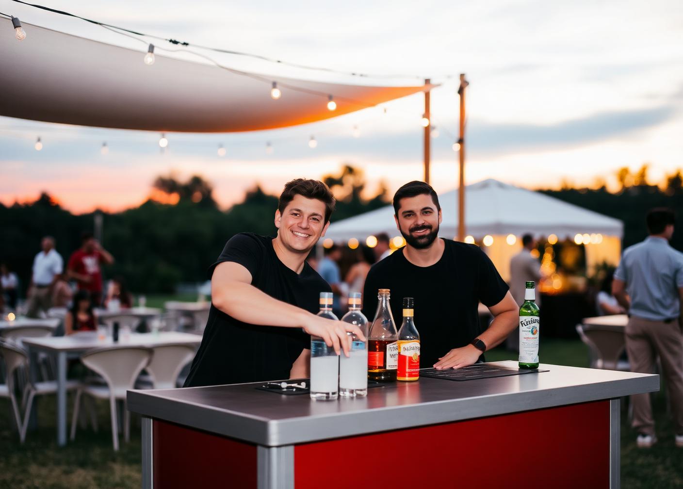 Two bartenders setting up the Nona Mobile Bar at an outdoor event
